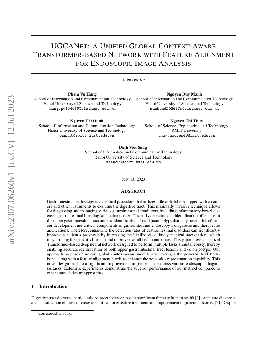 UGCANet：一种用于内窥镜图像分析的统一全局上下文感知Transformer网络与特征对齐方法