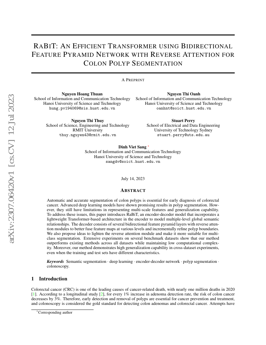 RaBiT：一种基于双向特征金字塔网络与反向注意力机制的高效Transformer用于结肠息肉分割