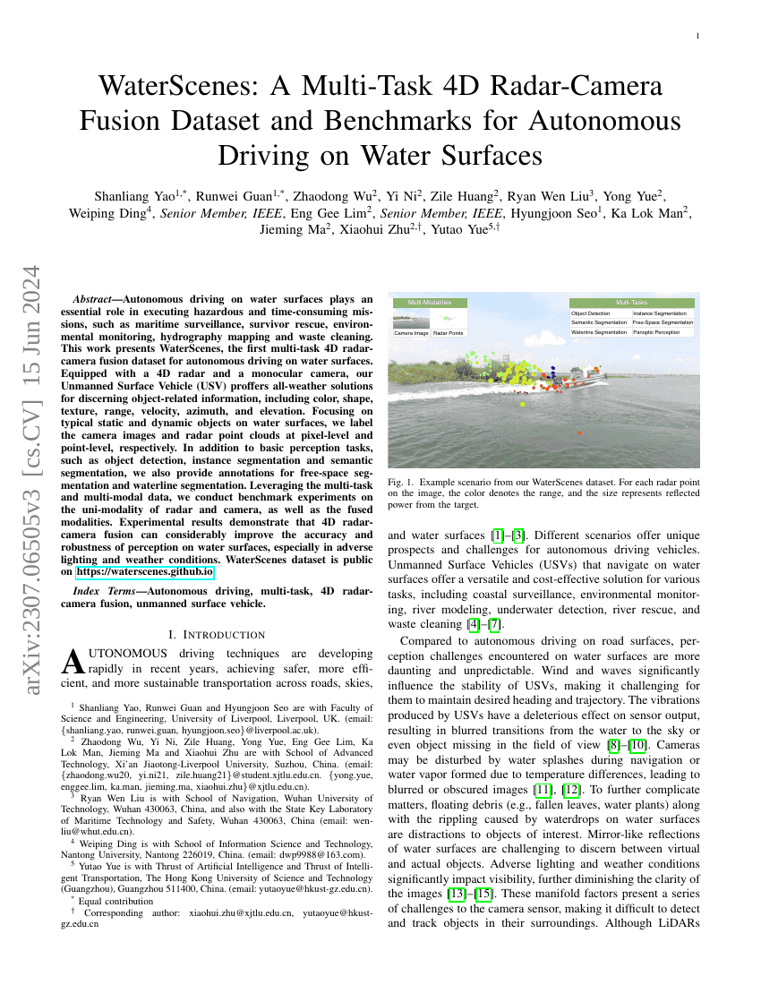 WaterScenes:面向水面自主驾驶的多任务4D雷达-相机融合数据集与基准测试
