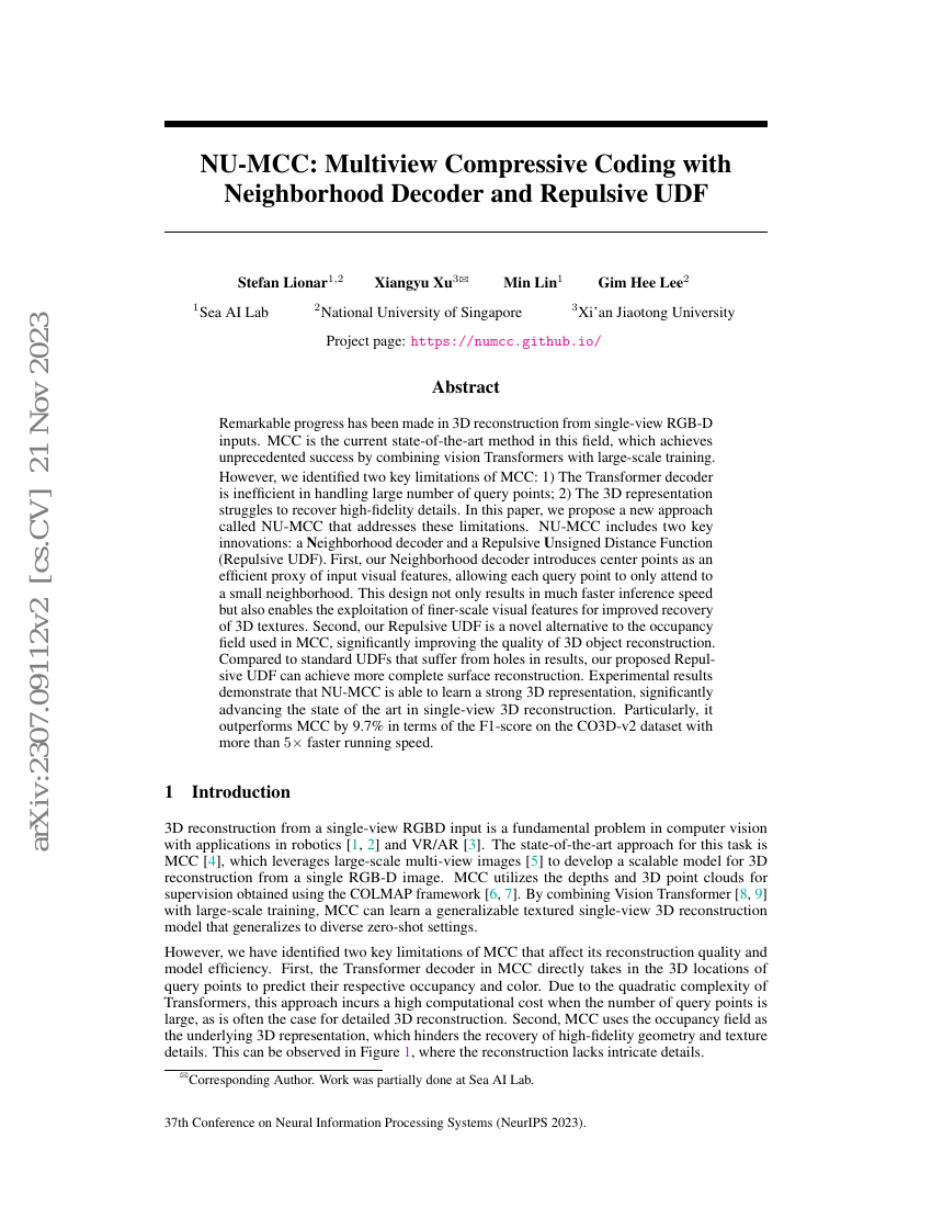 NU-MCC:具有邻域解码器和排斥UDF的多视图压缩编码
