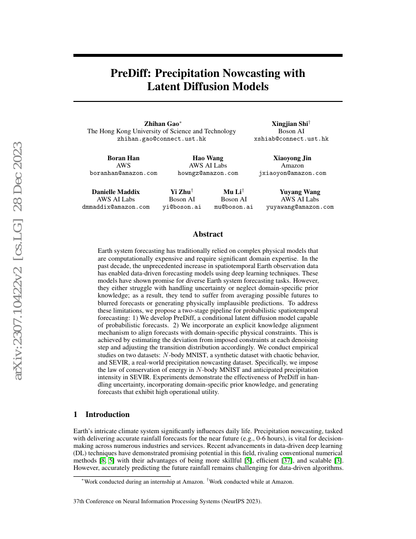 PreDiff:基于潜在扩散模型的降水短临预报