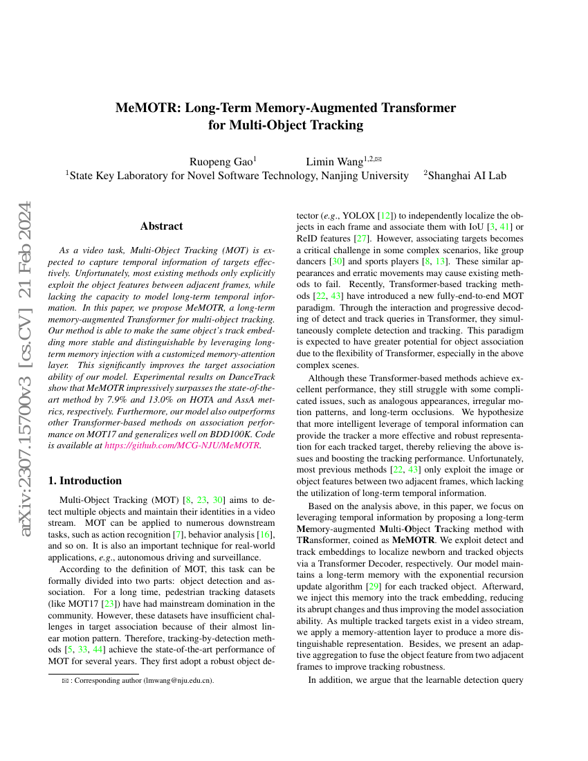MeMOTR:用于多目标跟踪的长期记忆增强型Transformer