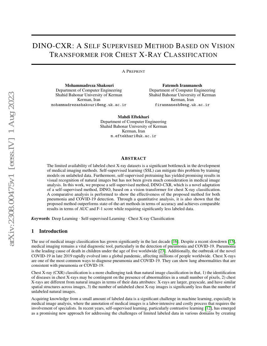 DINO-CXR:一种基于视觉Transformer的自监督胸部X光图像分类方法