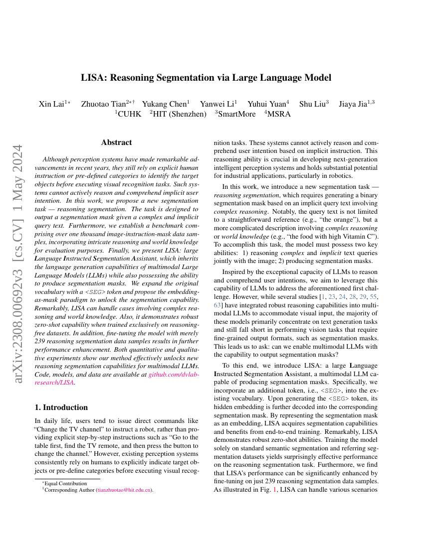 LISA:基于大型语言模型的推理分割