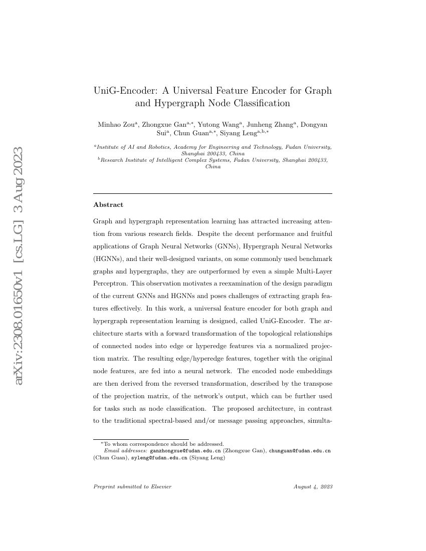 UniG-Encoder:一种用于图与超图节点分类的通用特征编码器