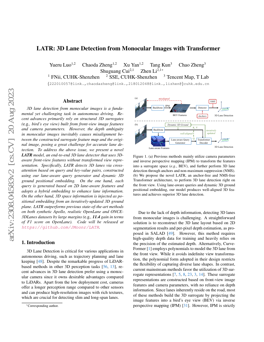 LATR:基于单目图像的三维车道检测Transformer方法