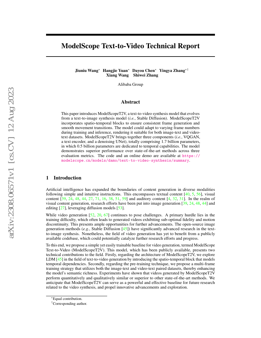 ModelScope 文本生成视频技术报告