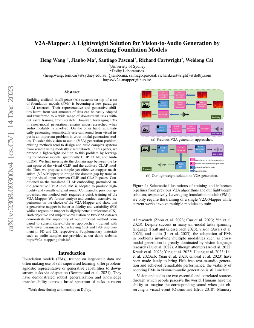 V2A-Mapper:一种轻量级的视觉到音频生成解决方案,通过连接基础模型实现