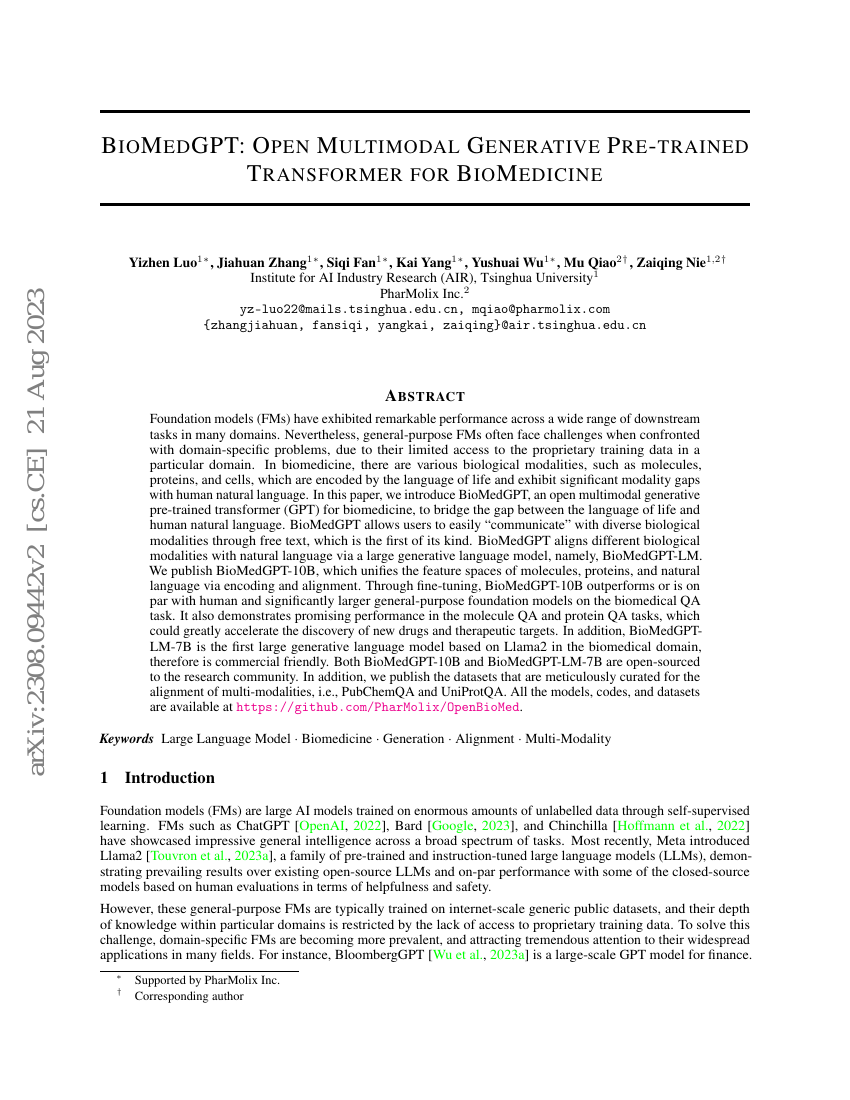 BioMedGPT:面向生物医学的开源多模态生成预训练Transformer