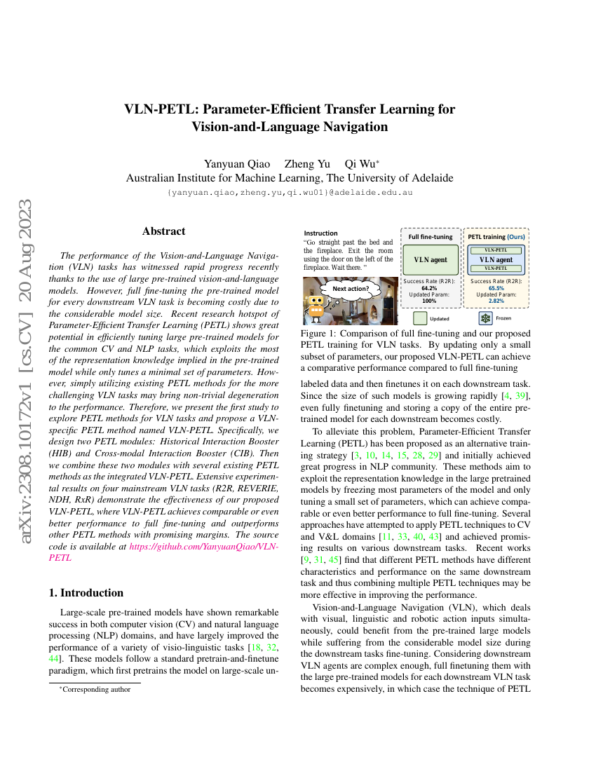 VLN-PETL：面向视觉-语言导航的参数高效迁移学习