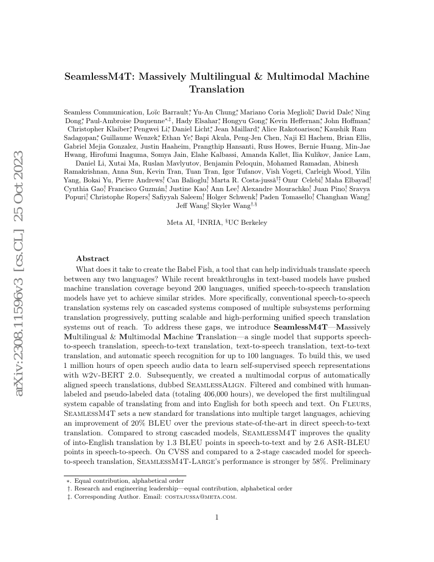 SeamlessM4T: 大规模多语言与多模态机器翻译