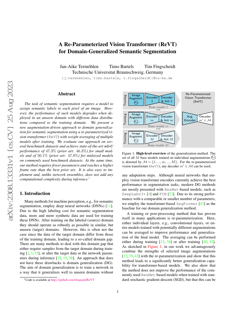 用于领域泛化的语义分割的重参数化视觉Transformer(ReVT)