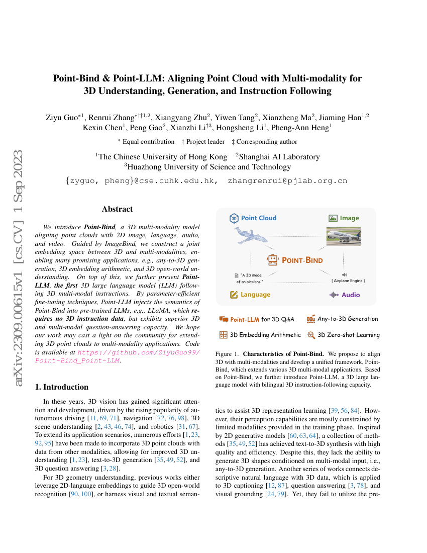 Point-Bind & Point-LLM:多模态点云对齐用于三维理解、生成和指令跟随