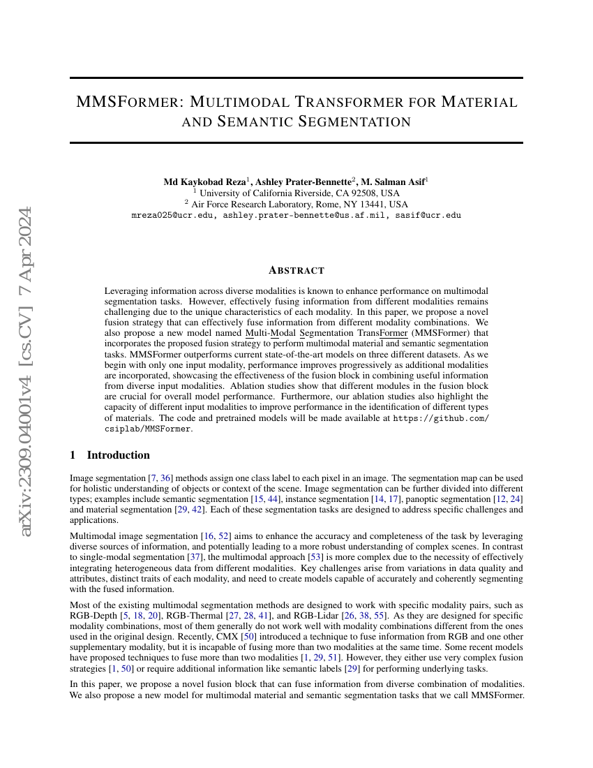 MMSFormer:多模态变压器用于材料和语义分割
