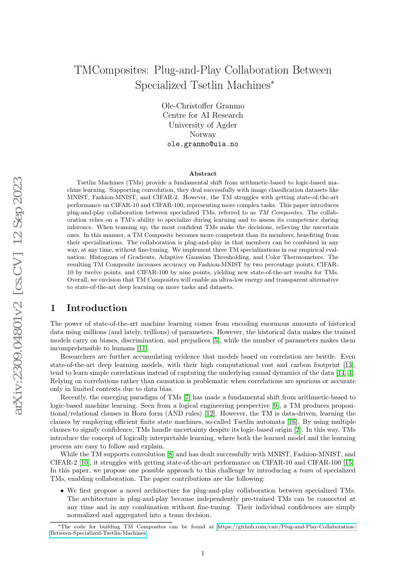 TMComposites：专用Tsetlin Machines之间的即插即用协作