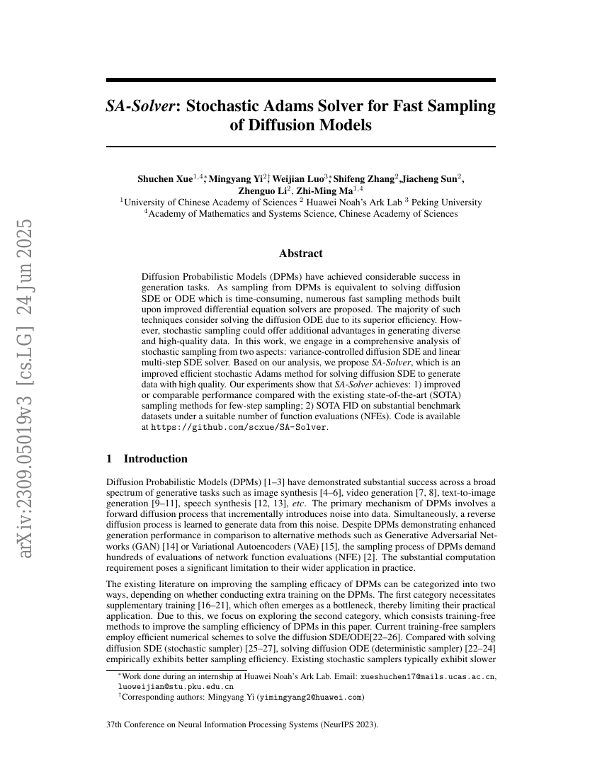 SA-Solver:用于扩散模型快速采样的随机Adams求解器