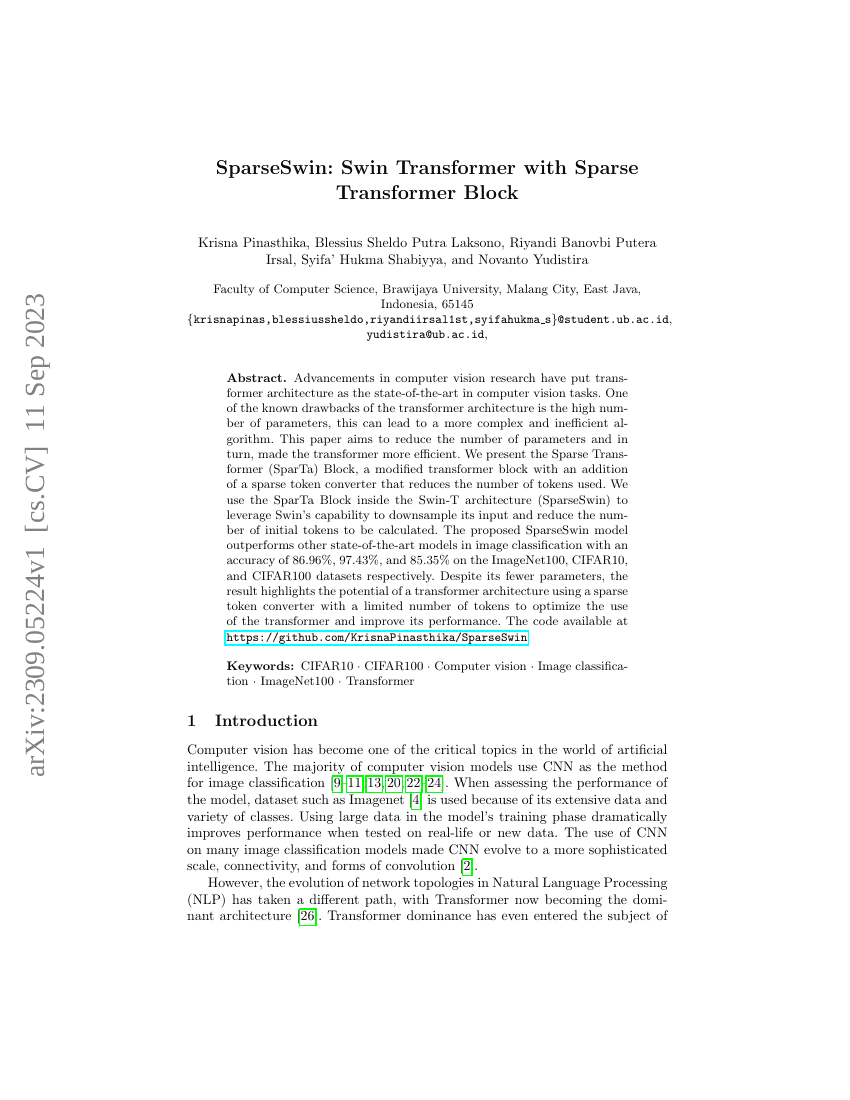SparseSwin:基于稀疏Transformer块的Swin Transformer
