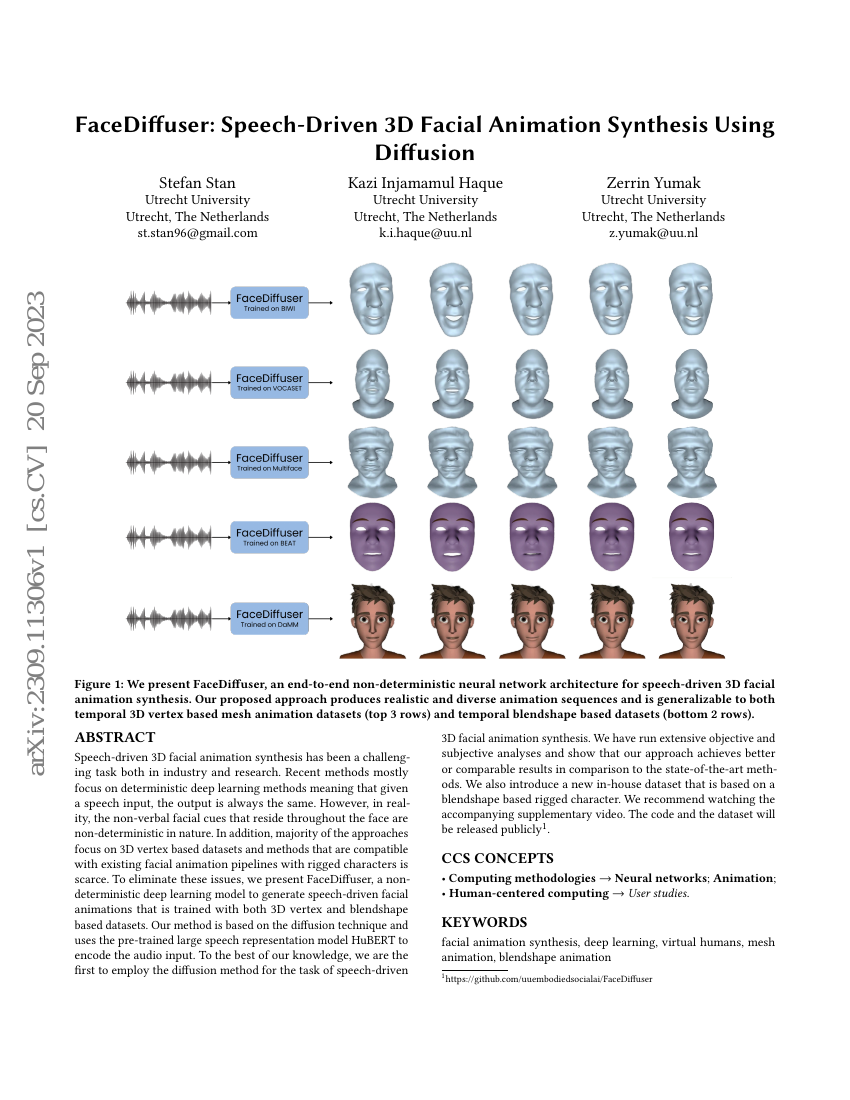FaceDiffuser:基于语音驱动的3D面部动画合成使用扩散模型