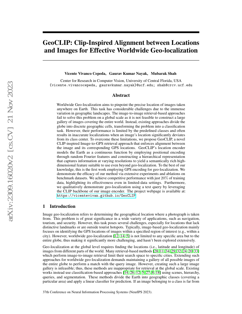 GeoCLIP:基于Clip启发的位置与图像对齐以实现有效的全球地理定位