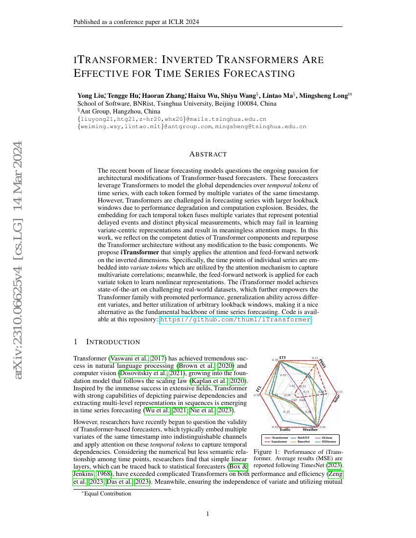 iTransformer:反向Transformer在时间序列预测中有效