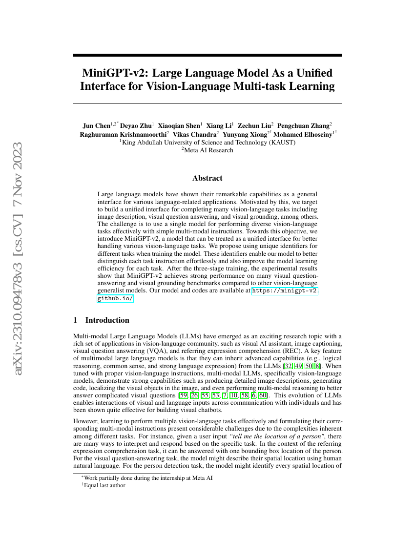 MiniGPT-v2:大型语言模型作为视觉-语言多任务学习的统一接口