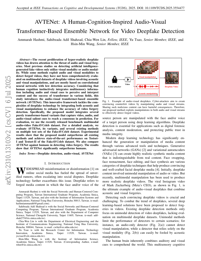 AVTENet:基于音视频Transformer的集成网络,利用多专家机制实现视频深度伪造检测