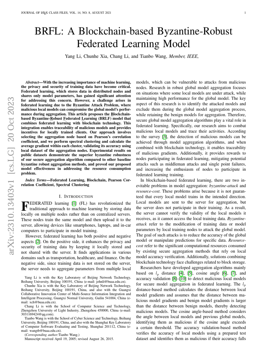 BRFL: A Blockchain-based Byzantine-Robust Federated Learning Model