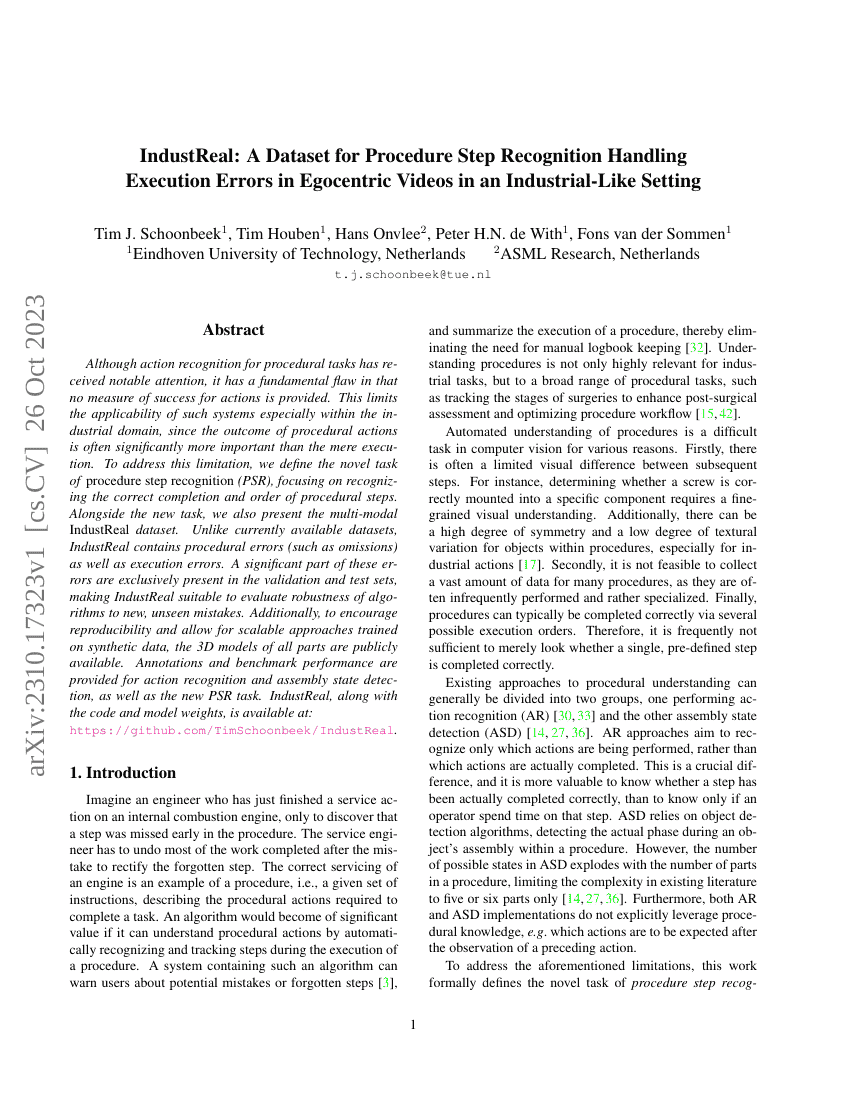 IndustReal:一个用于处理工业环境中执行错误的自我中心视频中的程序步骤识别的数据集