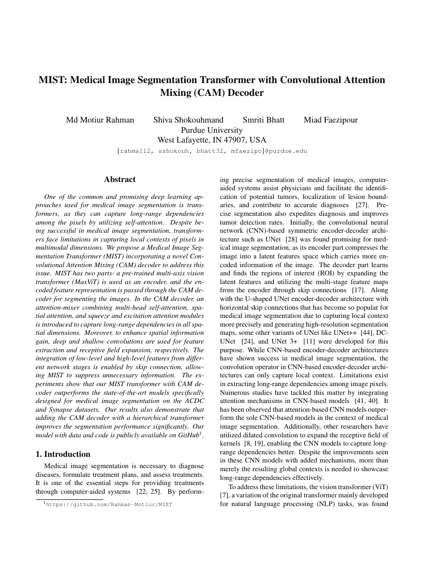 MIST:带有卷积注意力混合(Convolutional Attention Mixing, CAM)解码器的医学图像分割Transformer
