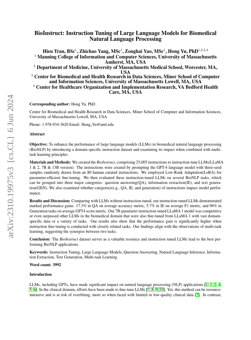 BioInstruct: Instruction Tuning of Large Language Models for Biomedical Natural Language Processing