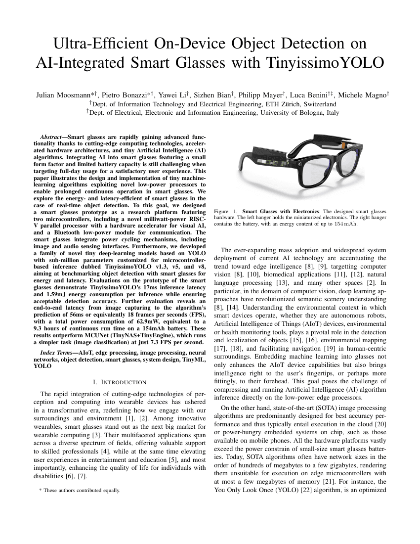 超高效基于AI集成智能眼镜的设备端目标检测:TinyissimoYOLO