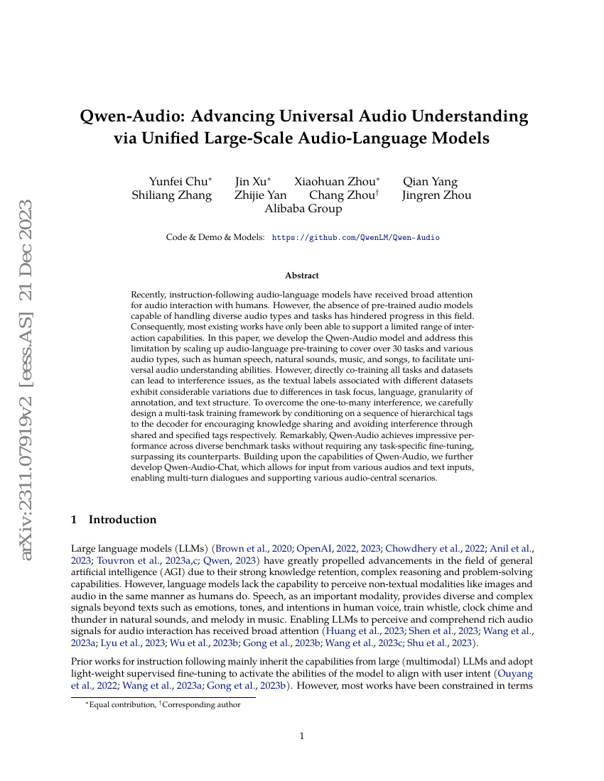 Qwen-Audio:通过统一的大规模音频-语言模型推进通用音频理解