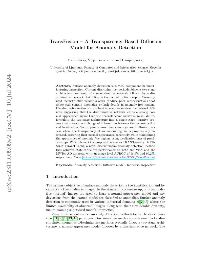 TransFusion -- 基于透明度的扩散模型用于异常检测