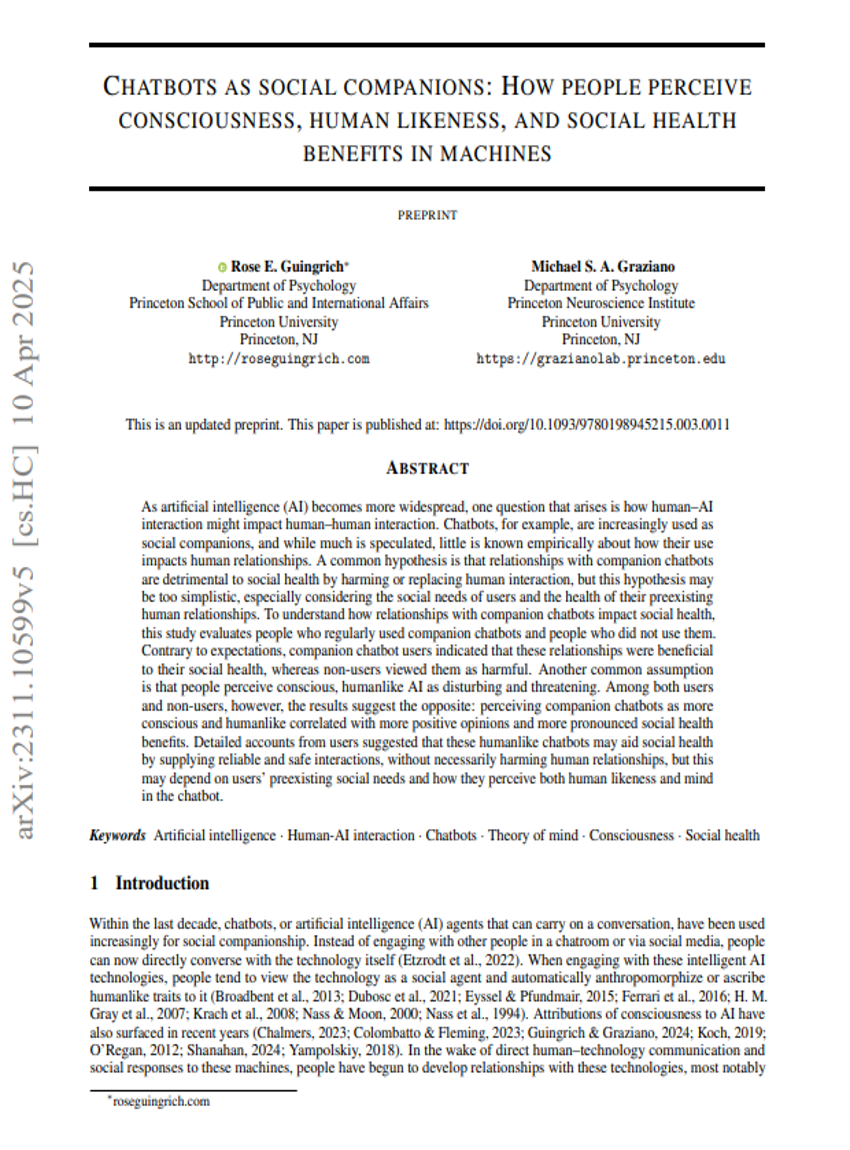 聊天机器人作为社交伴侣：人们如何感知机器的意识、类人程度以及社交健康益处
