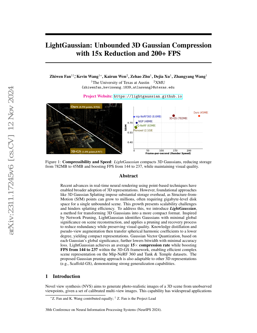 LightGaussian:基于15倍压缩比的无界3D高斯压缩技术,实现200+ FPS