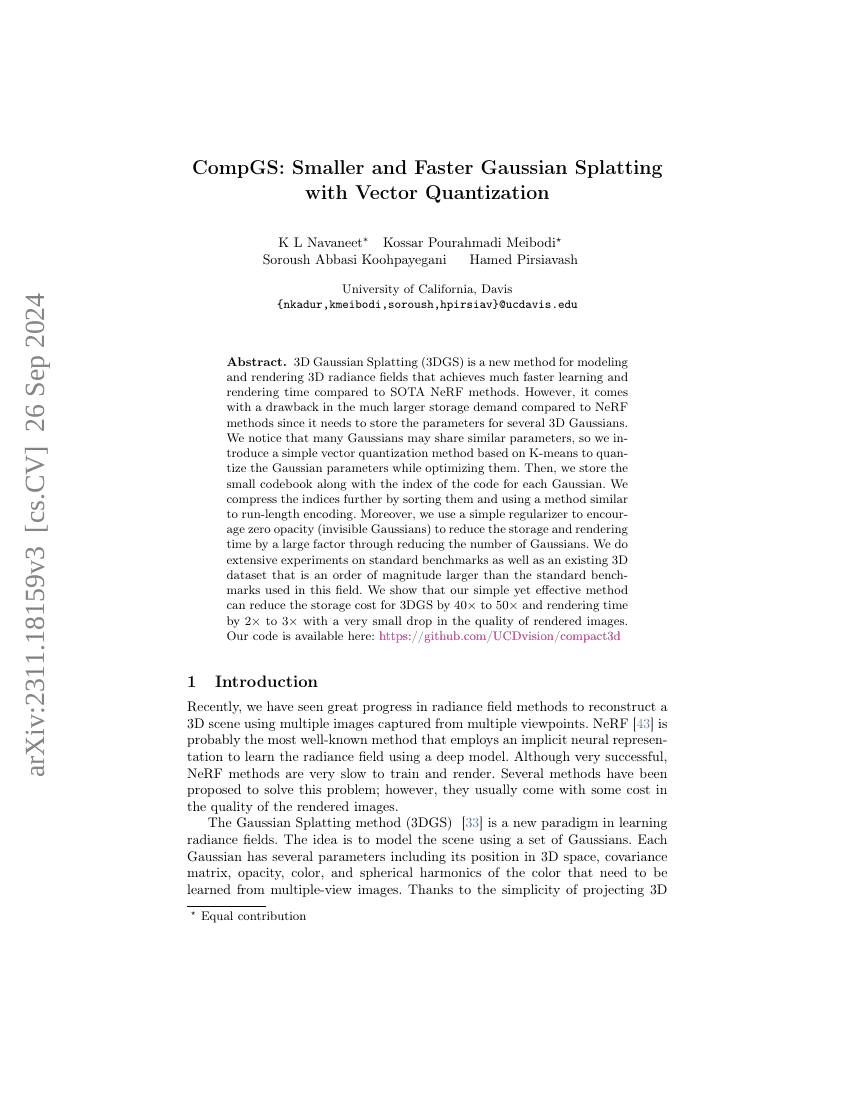 CompGS:基于向量量化的小型化与加速高斯点渲染