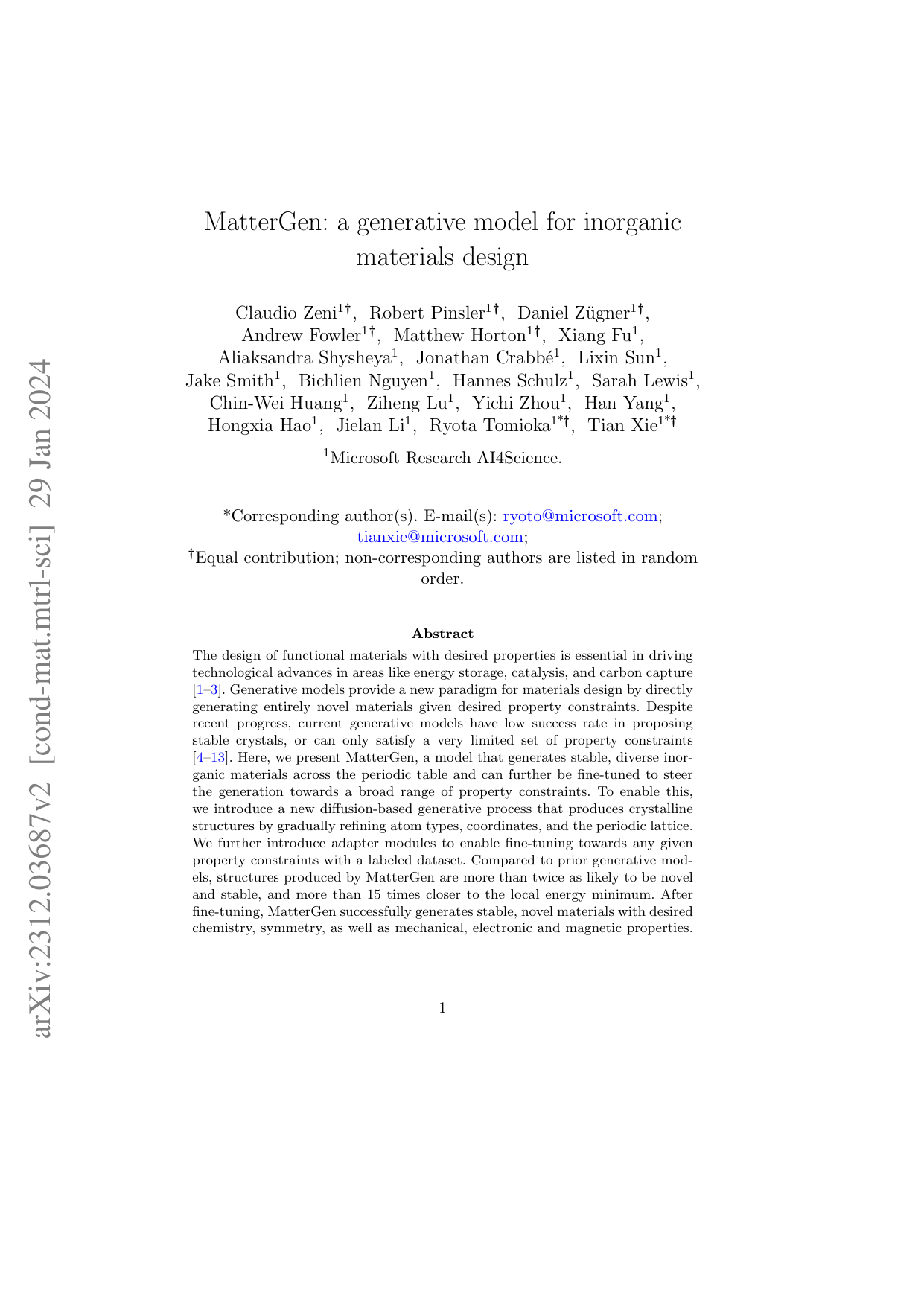 MatterGen: 無機材料設計のための生成モデル