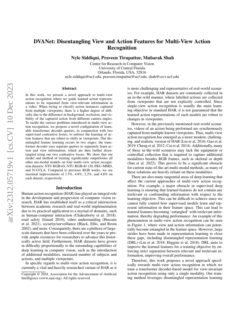 DVANet:分离视图和动作特征以实现多视图动作识别