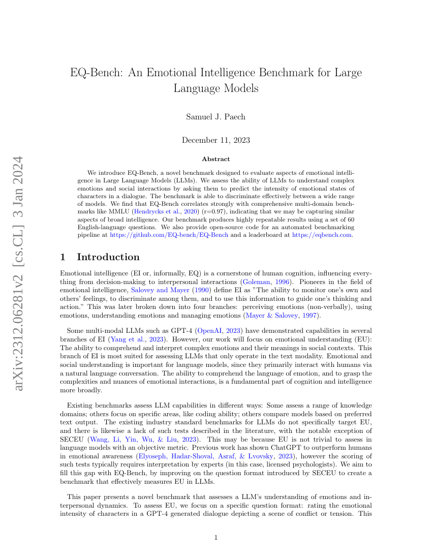 EQ-Bench:面向大语言模型的情感智能基准测试
