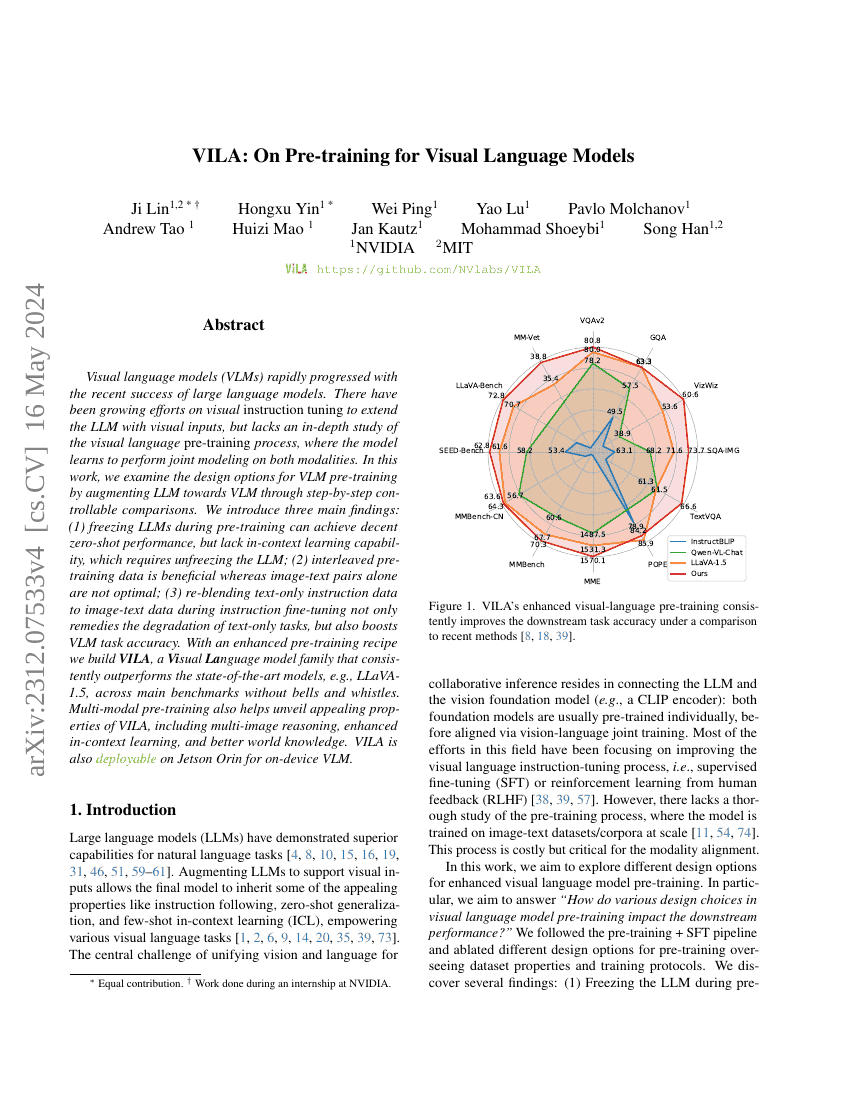 VILA:视觉语言模型预训练研究