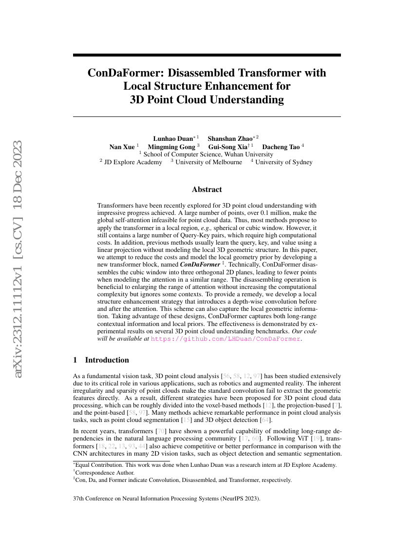 ConDaFormer:用于3D点云理解的解耦Transformer与局部结构增强