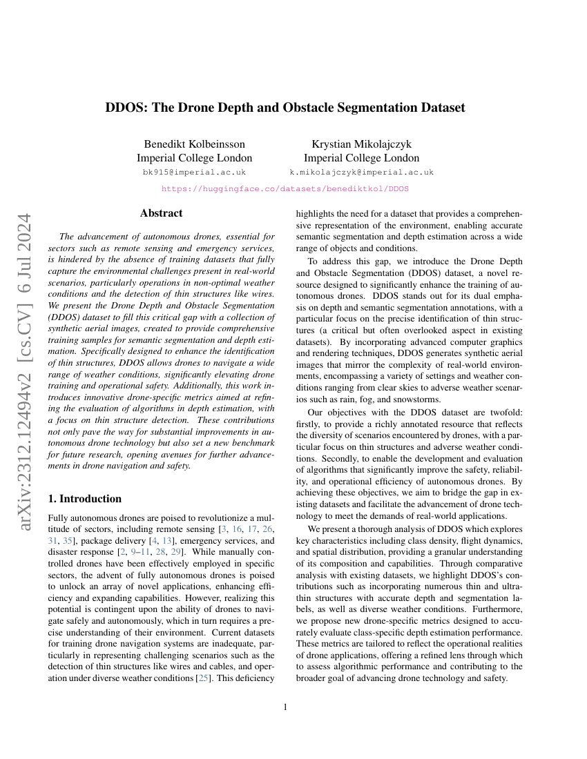 DDOS: The Drone Depth and Obstacle Segmentation Dataset