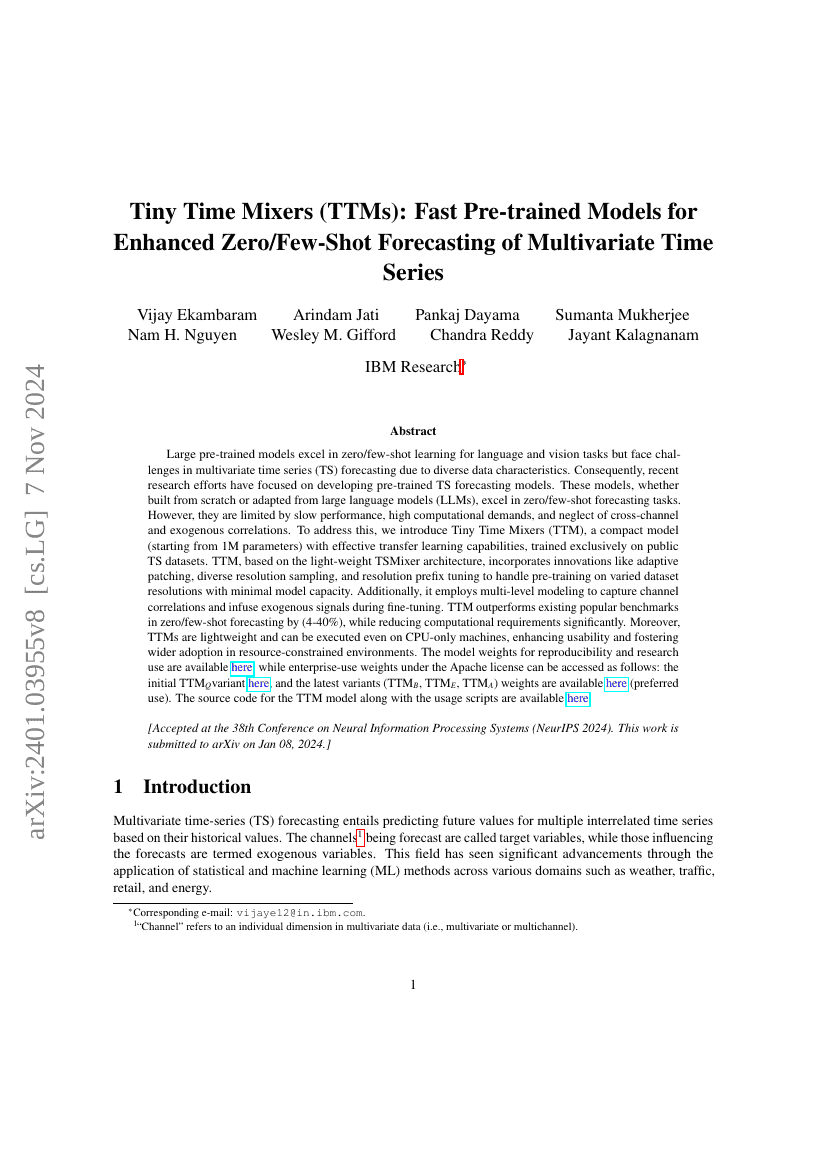 微型时间混合器(TTMs):用于多变量时间序列增强型零样本/少样本预测的快速预训练模型