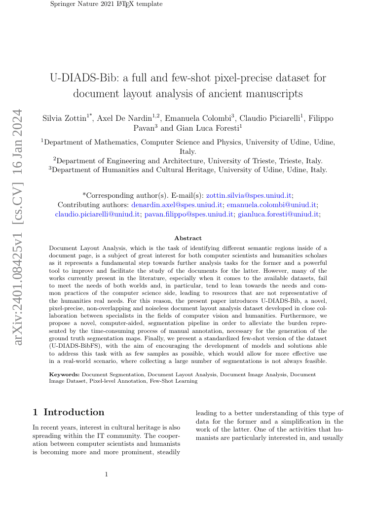 U-DIADS-Bib:古代手稿文档布局分析的全样本和少样本像素级数据集