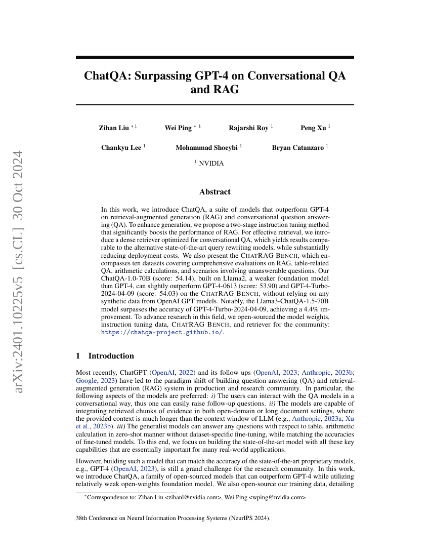 ChatQA:在对话问答和RAG中超越GPT-4
