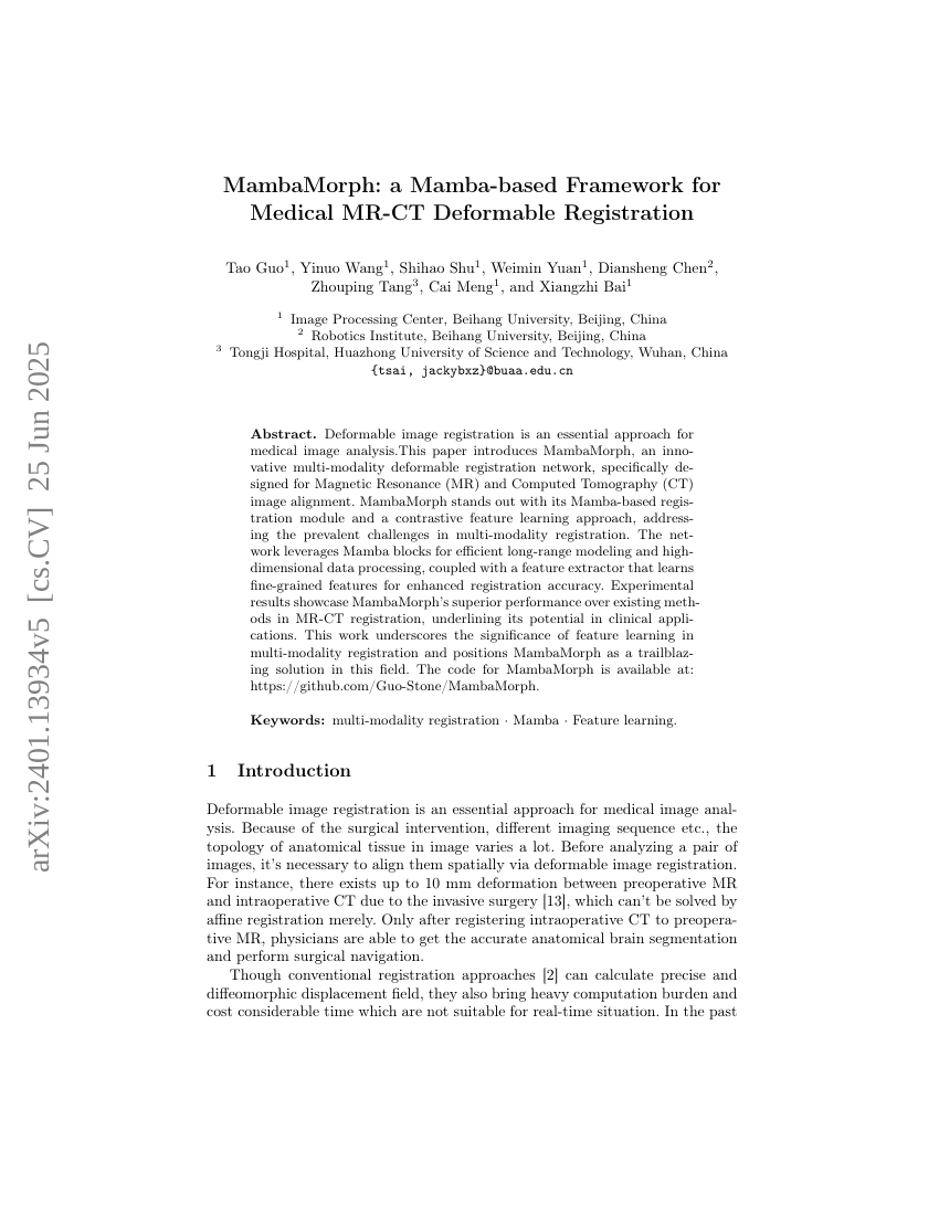 MambaMorph:基于Mamba的医学MR-CT可变形配准框架