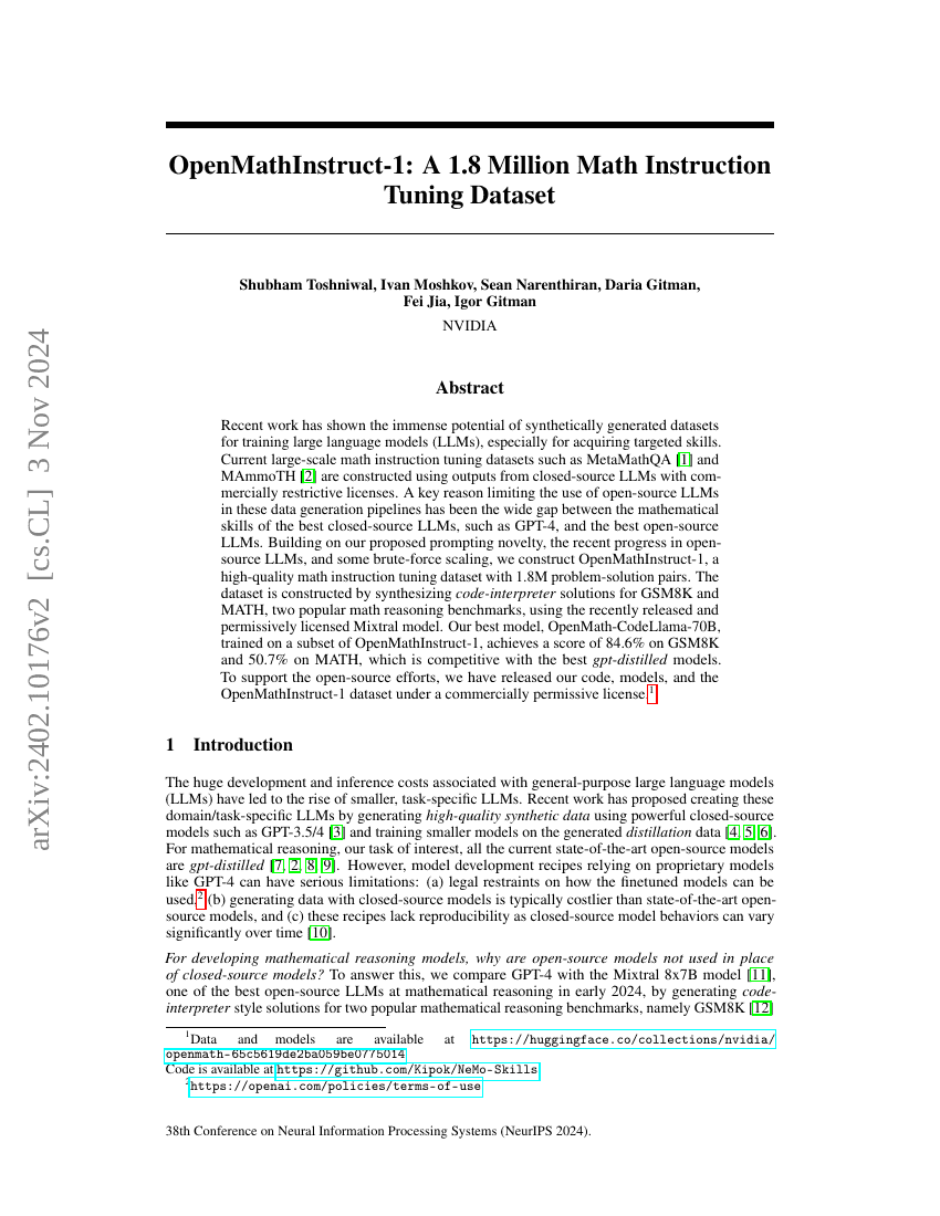 OpenMathInstruct-1：一个包含180万条数学指令微调数据的语料库