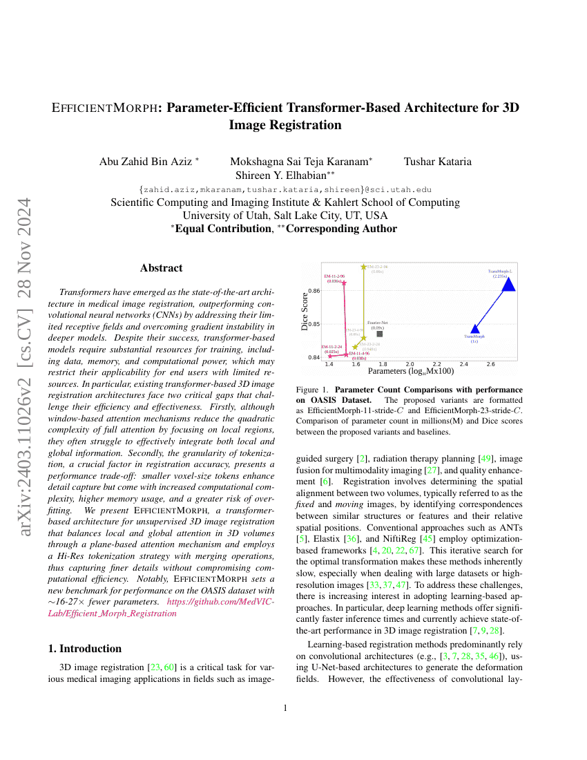 EfficientMorph:用于3D图像配准的参数高效Transformer架构