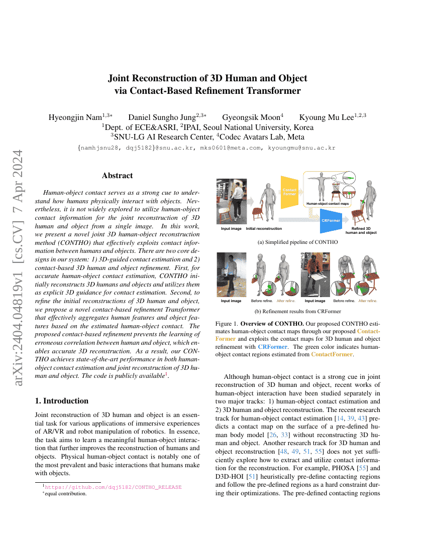 基于接触的精细化重建3D人体和物体的Transformer方法