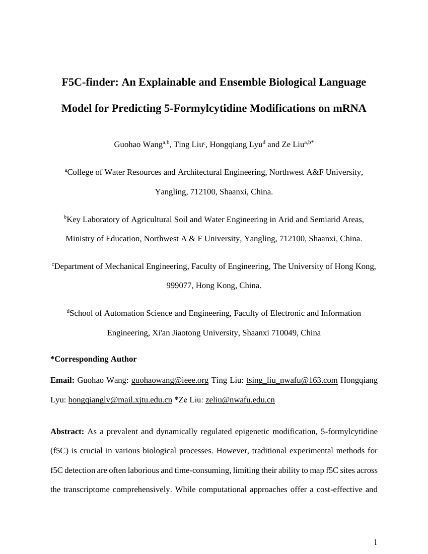 F5C-finder:一种可解释的集成生物语言模型,用于预测mRNA上的5-甲酰胞嘧啶修饰